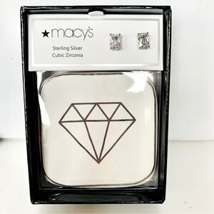 Macys Stud Earrings Sterling Silver Emerald Cut Cubic Zirconia NIB